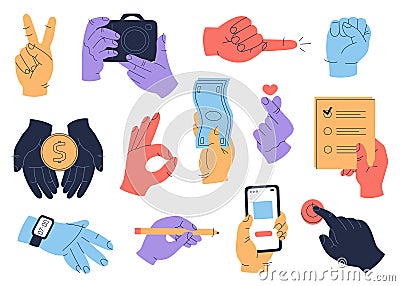 Set of colorful human hands with a different stuff, clock, phone, pen, coin, banknote Vector Illustration